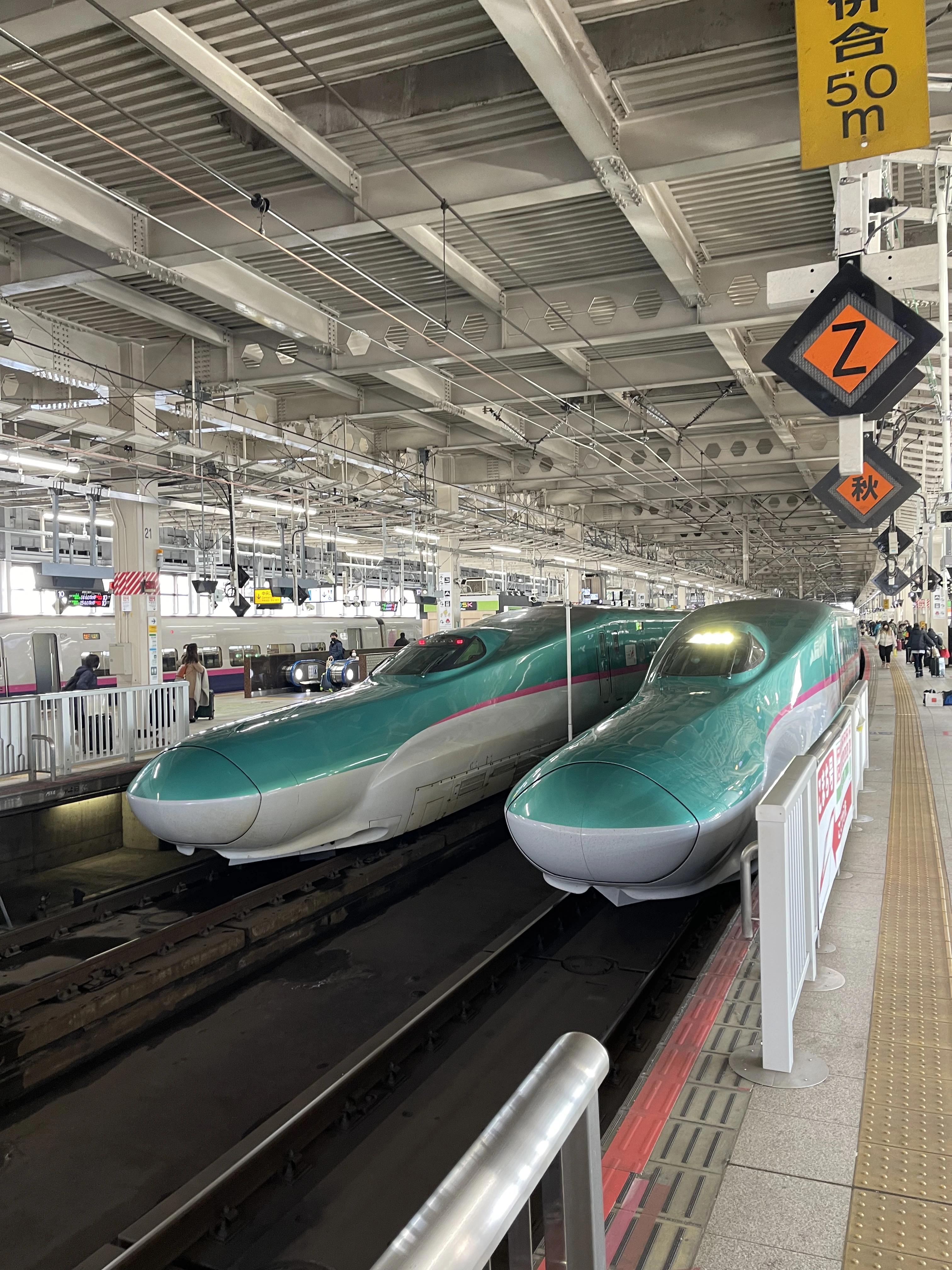 Shinkansen bullet trains at a Japanese station, showing high-speed rail travel where tickets are commonly paid with credit cards