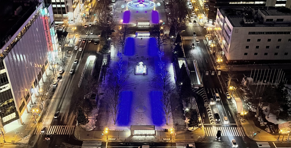 Odori Park at night. Odori Park view from Sapporo Tower at night.