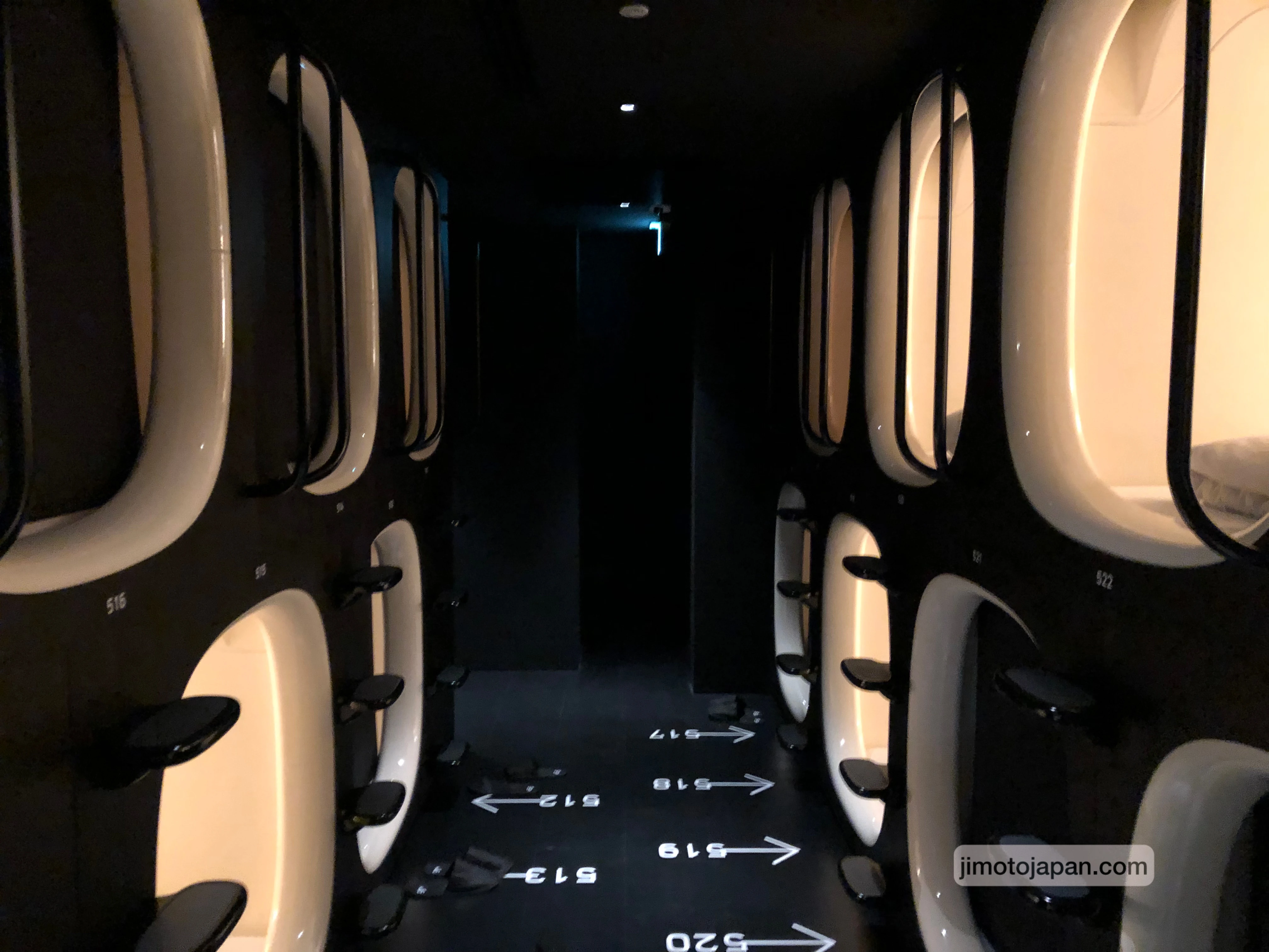 Capsule hotel interior in Japan, showing an affordable and compact accommodation option