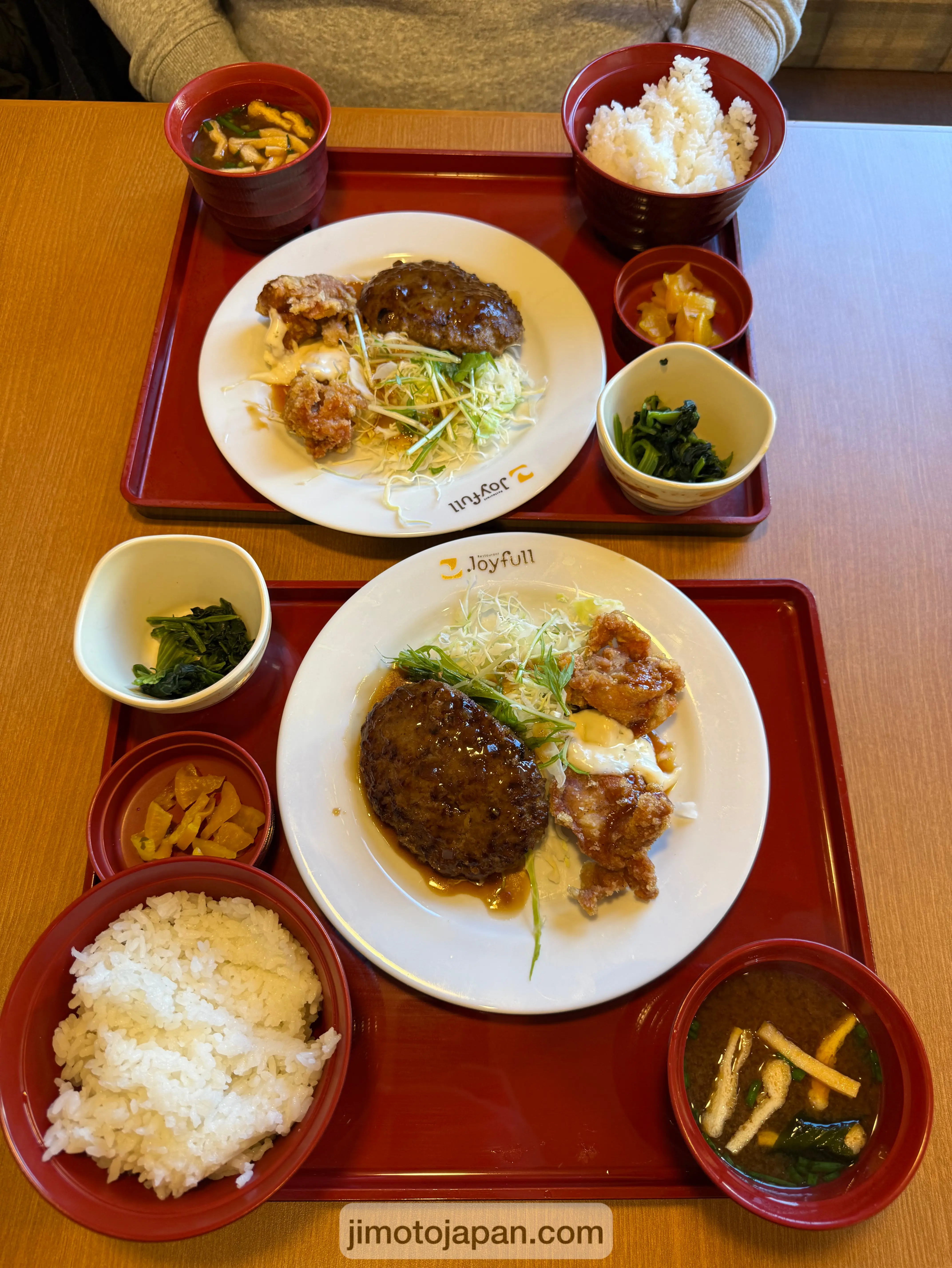 Affordable family restaurant meal in Japan with rice, soup, and main dishes