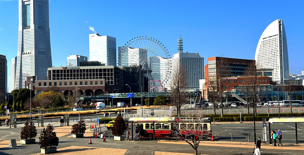 Yokohama Cityscape at day time. Famous skyscrapers and ferris in Yokohama