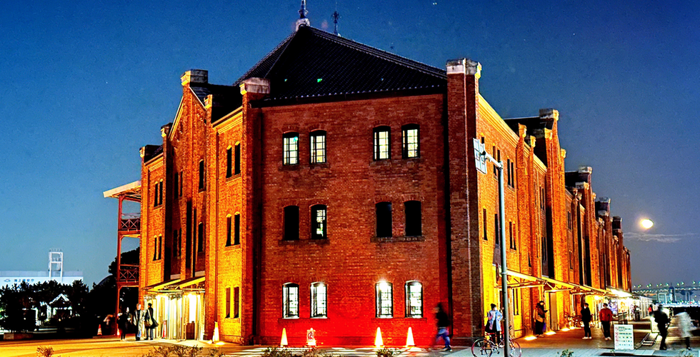 Yokohama Red Brick Warehouse at night, also known as Akarenga.