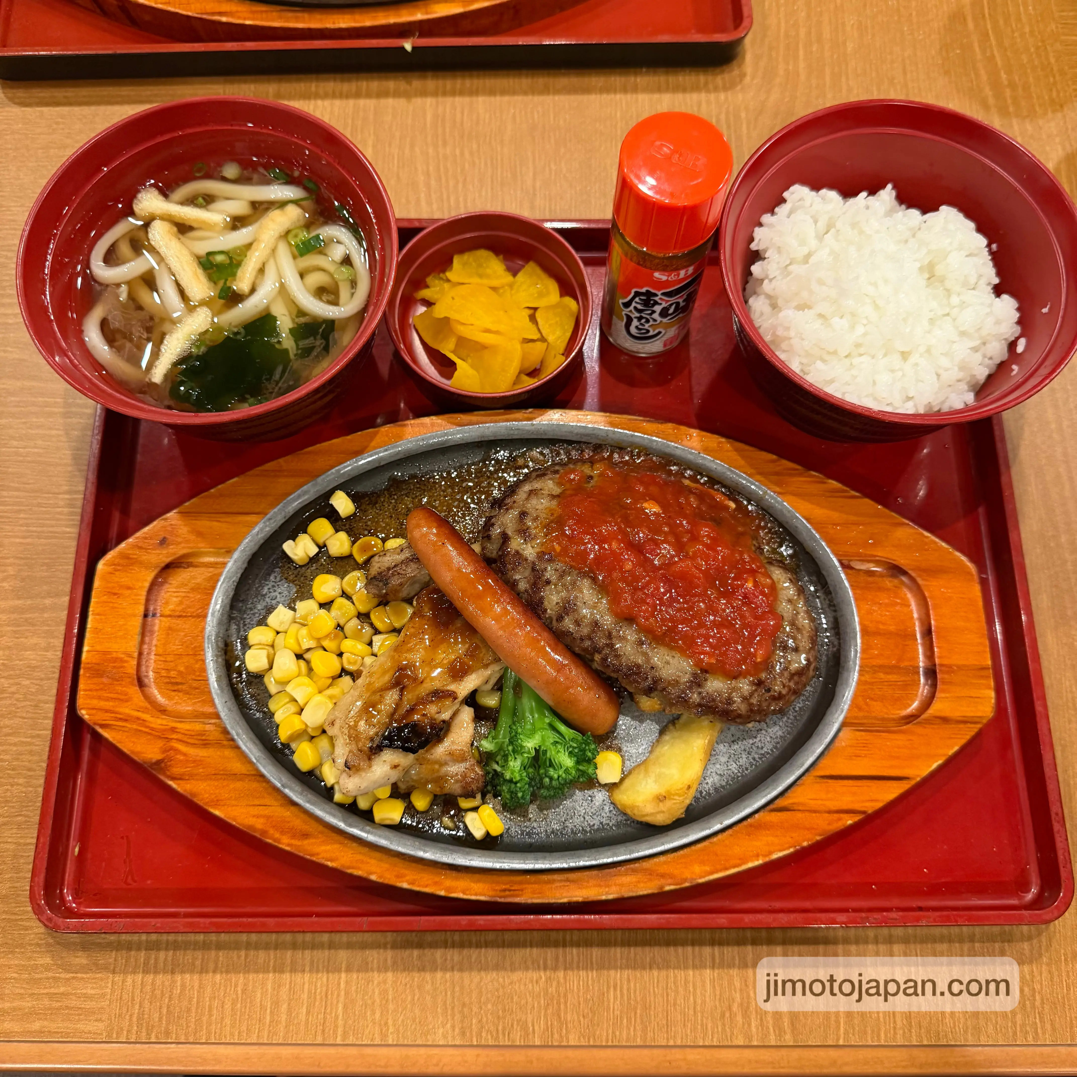 Japanese western-style meal with hamburger steak, rice, and soup at an affordable restaurant