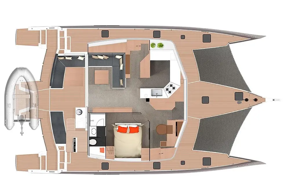 Layout do convés superior do trimarã Neel 51 em San Blas.