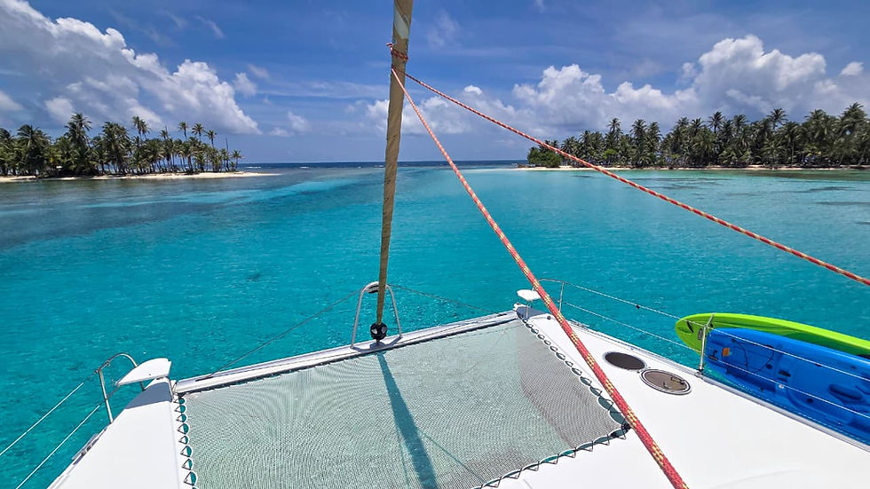 View from a catamaran charter in San Blas on August 21, 2025, showing two paradise islands surrounded by calm, turquoise waters during hurricane season.