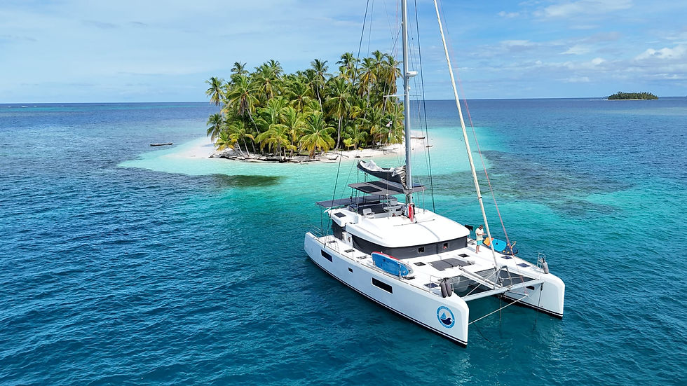 Lagoon 52 premium catamaran anchored in the serene, protected waters of the San Blas Islands — showcasing one of the Caribbean’s most unspoiled and incomparable sailing destinations.