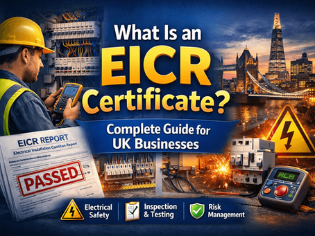 Electrician performing EICR inspection on electrical panel with EICR report and UK map illustrating electrical safety certification for UK businesses