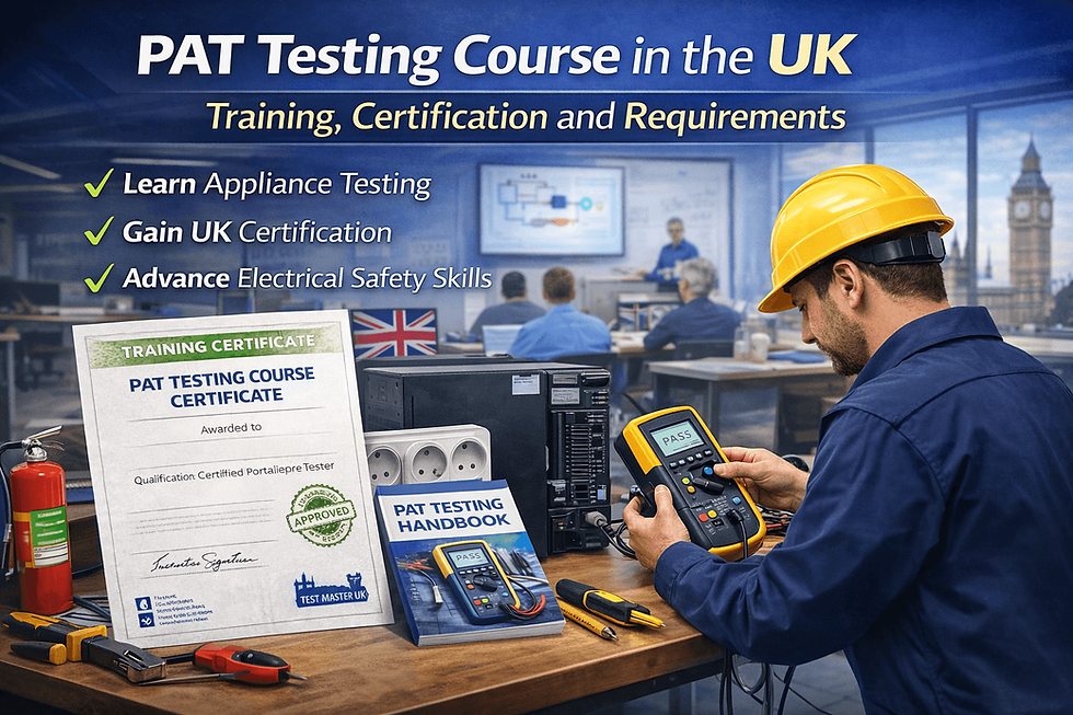 Electrician learning PAT testing in UK training course with certificate and safety equipment in classroom setting