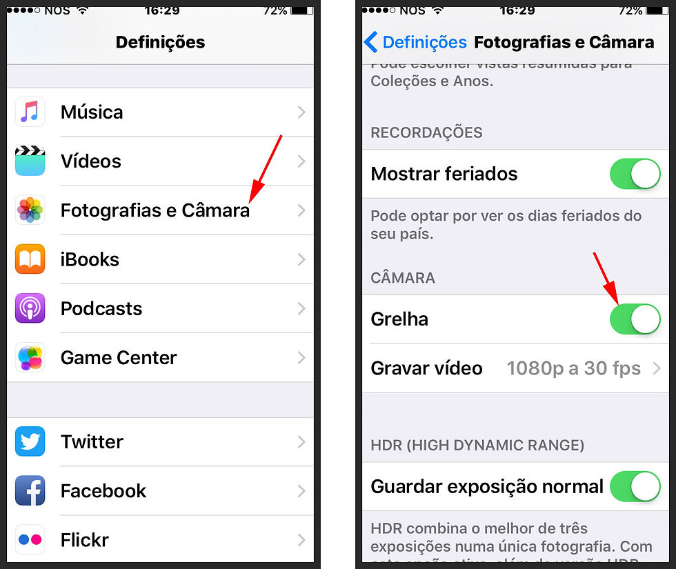 Screenshots mostrando como ativar a grelha da regra dos terços num iPhone (food photography)