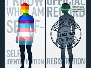 Split image: left, silhouette with rainbow colors and text "I KNOW WHO I AM - SELF-IDENTIFICATION"; right, silhouette with biometric scan and "OFFICIAL RECORD" stamp.