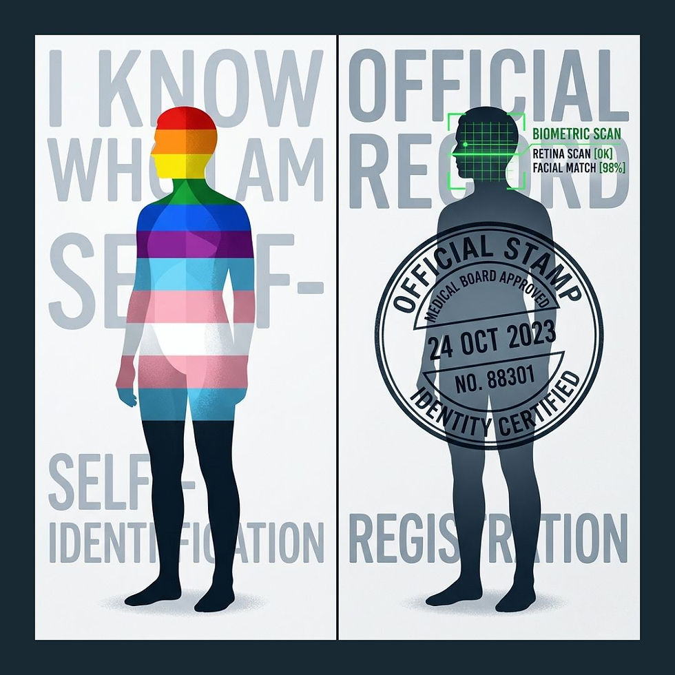 Split image: left, silhouette with rainbow colors and text "I KNOW WHO I AM - SELF-IDENTIFICATION"; right, silhouette with biometric scan and "OFFICIAL RECORD" stamp.