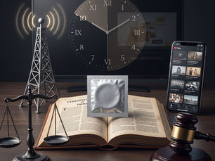 Illustration depicting a television screen, broadcasting regulations, a condom advertisement, and the Constitution of India symbolising constitutional challenges to India's 2017 Condom Advisory.