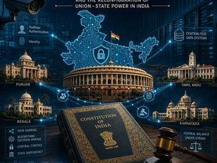 Surveillance federalism in India: CCTV, digital map, Constitution book, gavel, and state buildings | TSCLD Blog
