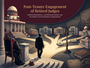 a retired judge facing scales, courts and Constitution of India; title: Post-Tenure Engagement of Retired Judges