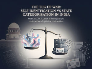 Poster with scale balancing colorful figures and ID cards; text reads The Tug of War on self-ID vs state categorisation in India.
