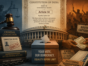 Collage on India voting corruption: Article 14, gavel, ballot box, Parliament, cash for votes, booth capturing, guilty conviction.