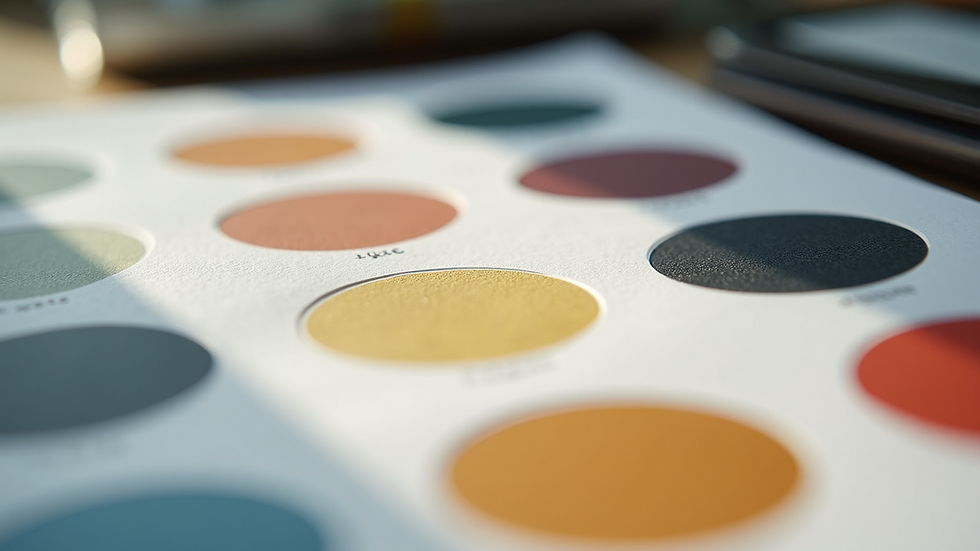 Close-up of a colour palette and typography samples on a desk