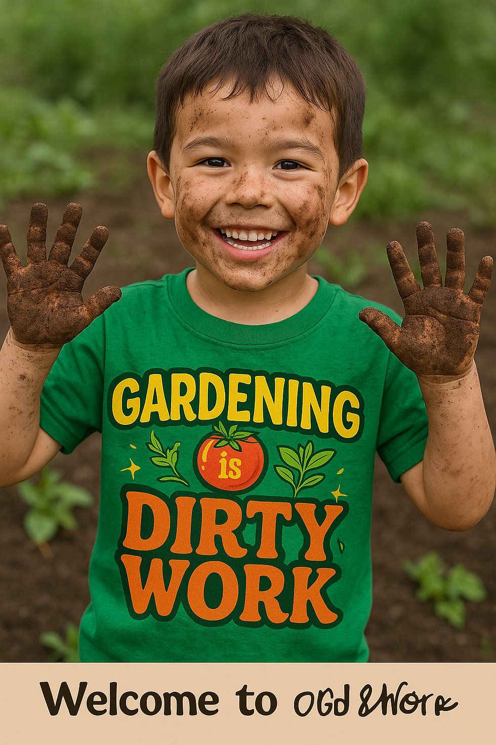 Green kids t-shirt featuring ‘Gardening is Dirty Work’ worn by boy with dirty hands in vegetable garden.