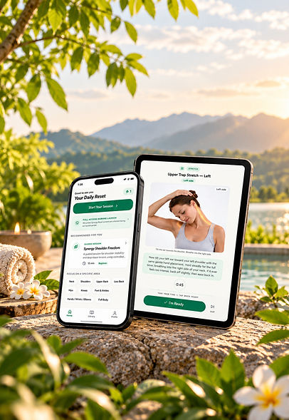 Synergy Reset app shown on a phone and tablet with guided mobility and stretching routines.