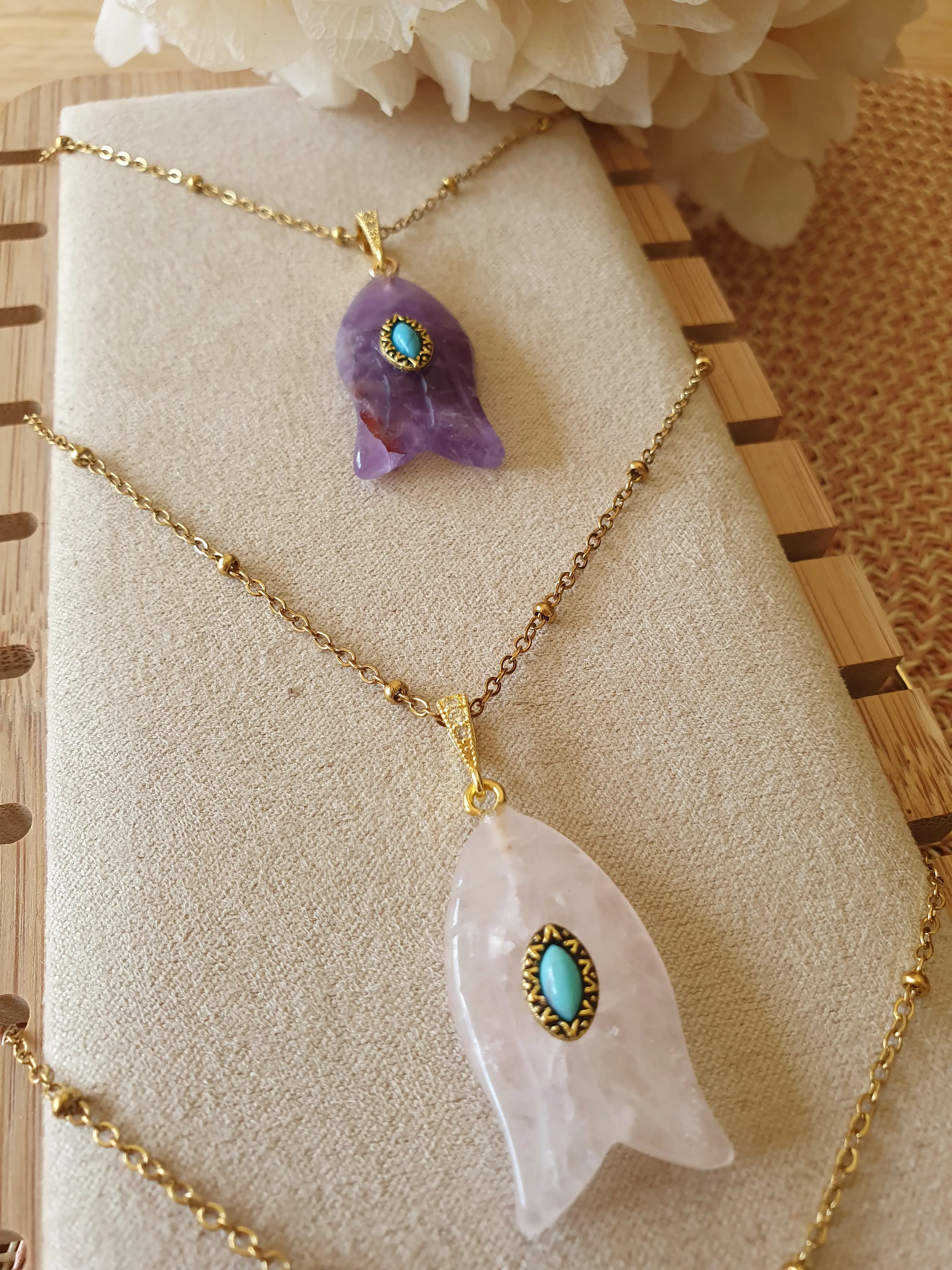 Collier poisson Rubis porte-bonheur / 3 pierres fines