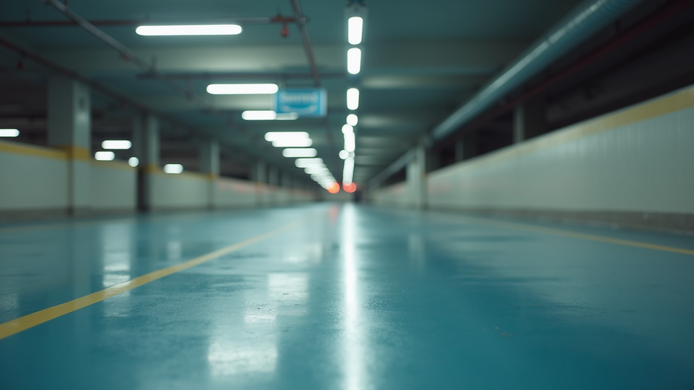 Eye-level view of a clean and well-maintained parking garage floor