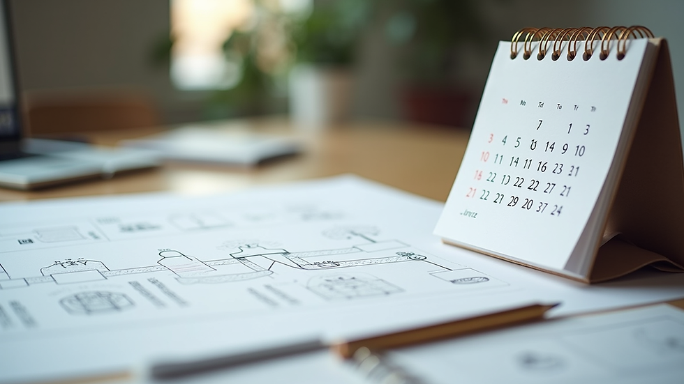 Close-up view of a calendar and design sketches on a desk