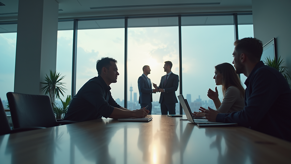 Eye-level view of a modern office space with a team brainstorming ideas