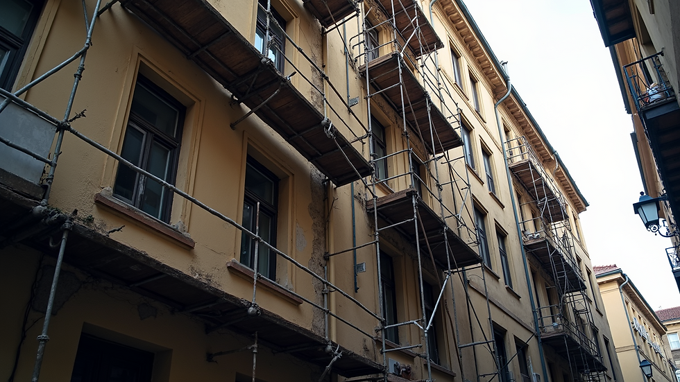 High angle view of a historic building facade with scaffolding