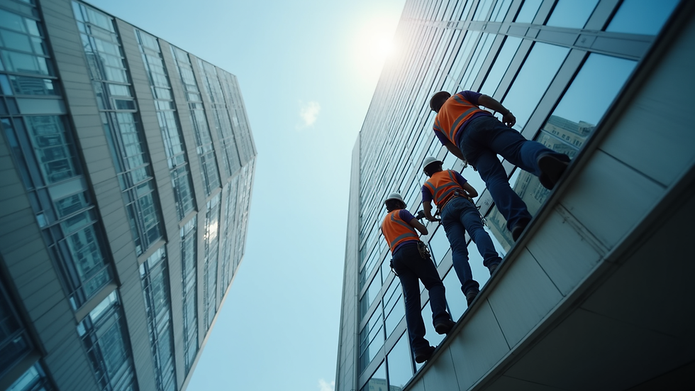 Eye-level view of a restoration team inspecting a high-rise building facade