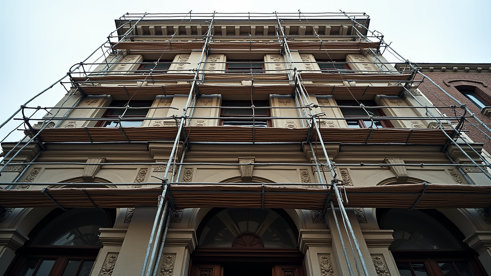 Eye-level view of a historic building facade under restoration scaffolding