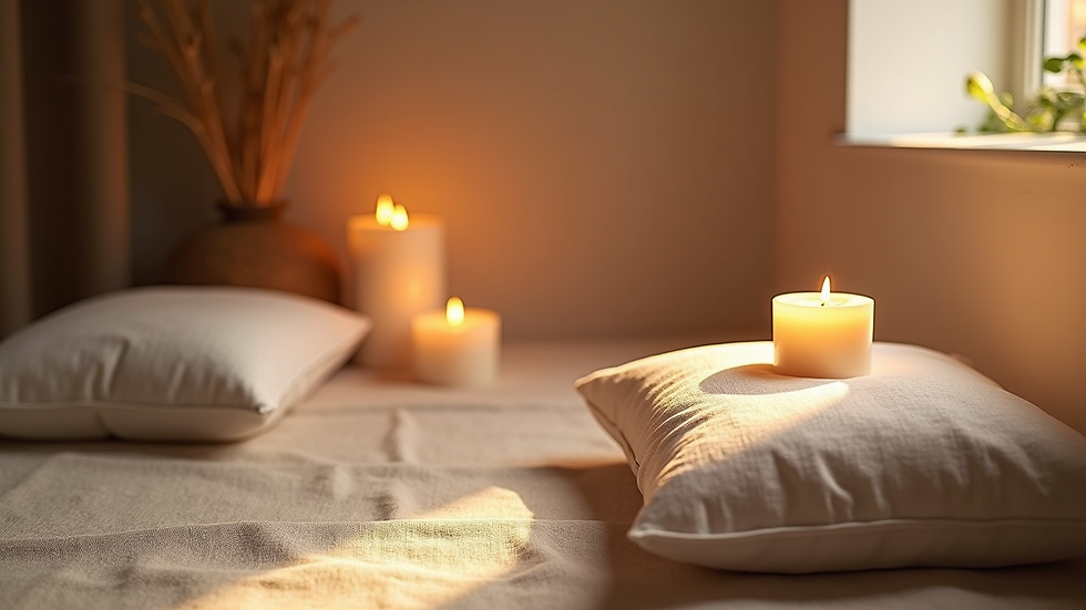 High angle view of a peaceful meditation corner with candles and soft fabrics