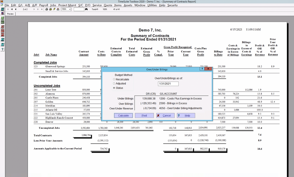 TimeSuite Contract summary report with a pop-up window titled "Over/Under Billings" overlaid. Date is 1/31/2021. Spreadsheet lists job details.