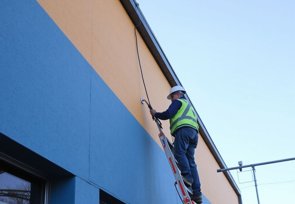 Worker in a neon vest and helmet on a ladder installs cable on a blue and yellow building wall under a clear sky.