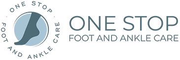 Blue and gray logo reads "ONE STOP" with a stylized foot design. Text below: "Foot & Ankle | Knee | Hand & Wrist." Clean, professional.