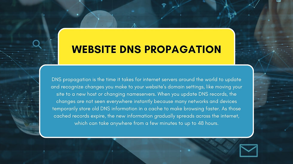 Yellow and blue text boxes overlay a digital network background. Text explains DNS propagation, detailing internet update times and caching.