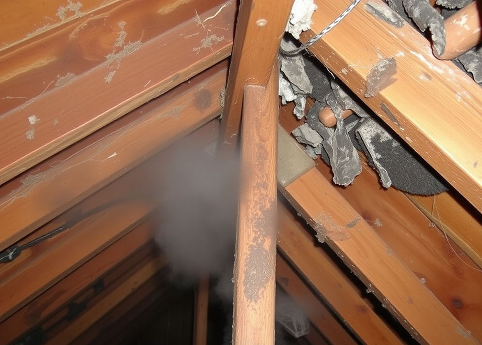 Wooden attic space with beams and insulation. A mysterious mist or fog is visible in the center, creating an eerie mood.