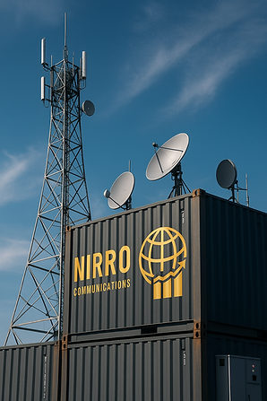 Nirro Communications logo on shipping containers with communication towers and dishes.