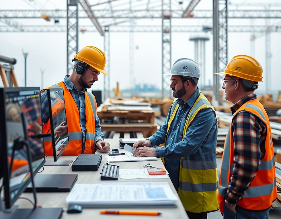 Three construction workers in safety vests and helmets discuss plans at a site. Monitors, papers, and cranes in the background.