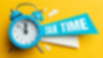 Blue alarm clock at 10 o'clock on yellow background with "Tax Time" text in white on blue paper, conveying urgency.