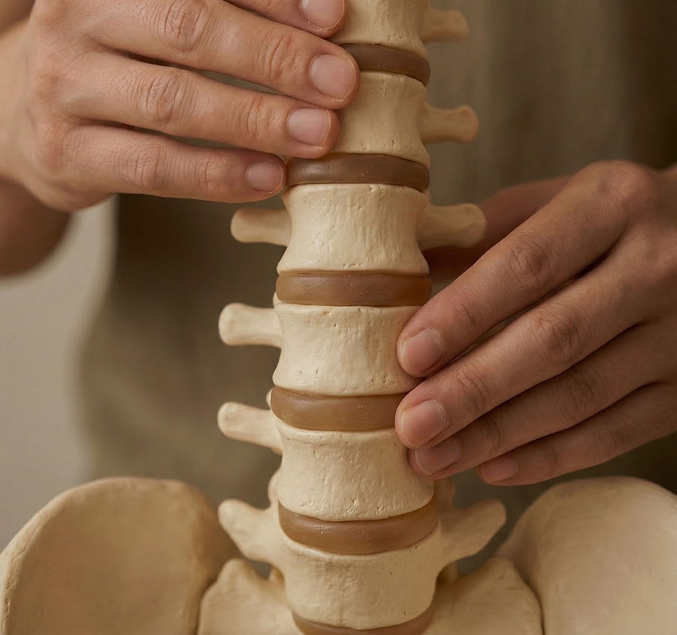 Hands holding a beige spine model, fingers pressing the vertebrae in a close-up medical illustration.