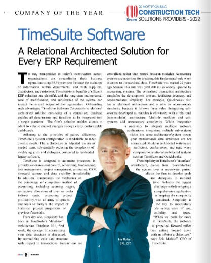 Eric Malouff in blue shirt stands confidently with arms crossed. Text highlights "TimeSuite Software" as a solution for ERP needs. Article layout.