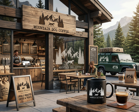 Firefly_Gemini Flash_using this Logo create a sleek advertising Campaign with a store sign on wood, sign o 357678