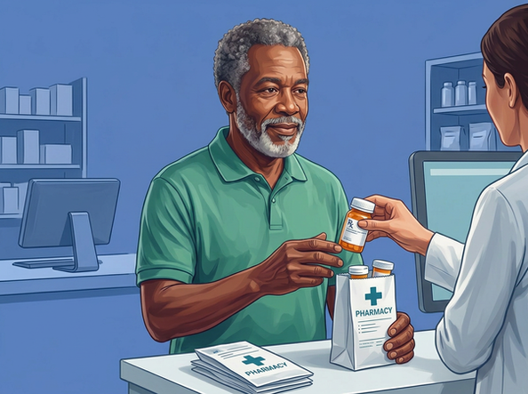 Man picking up a prescription Health Imagery