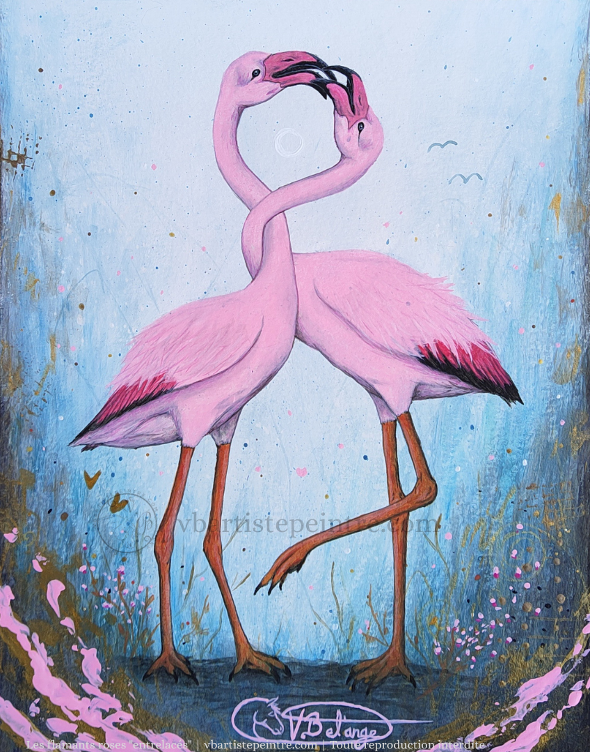 peinture de flamants roses - oeuvre d'art originale - acrylique - flamingo painting - animal artist