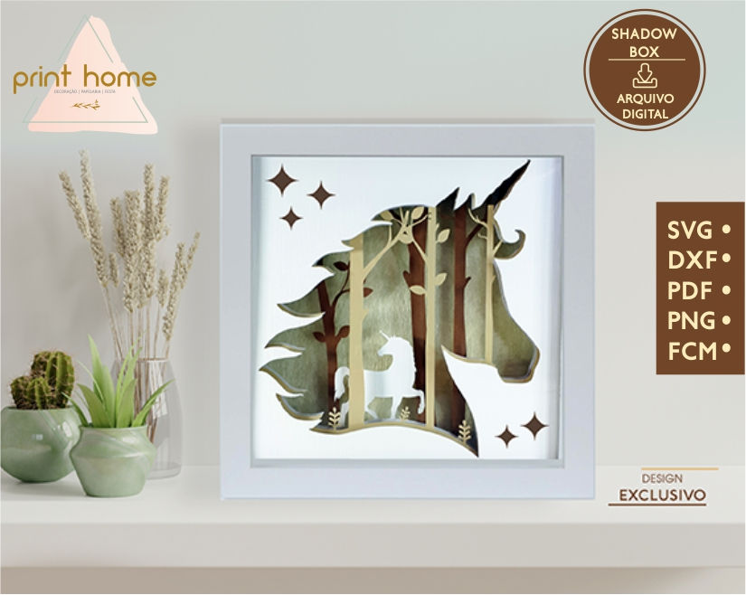 Unicórnio Shadow Box Light Box Arquivo de Corte SVG FCM PDF