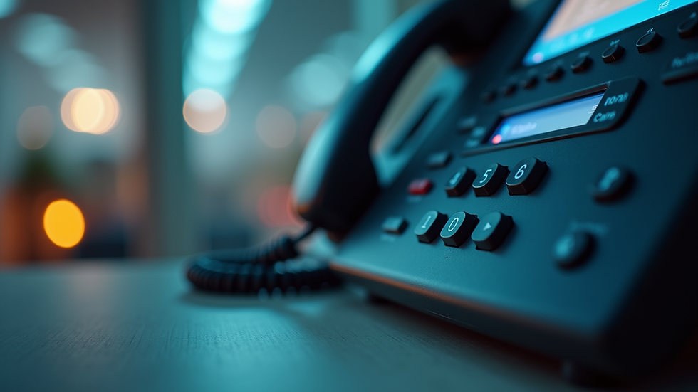 Close-up view of a telephone with a technical support service logo