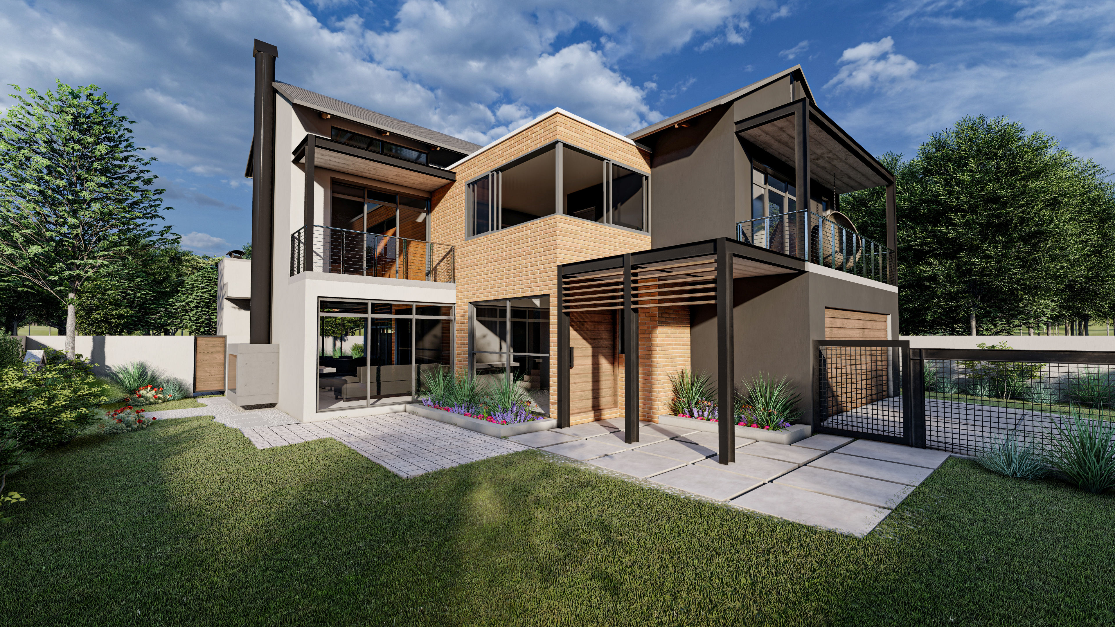 Modern two-story house with a mix of brick and glass facade, large windows, and a pergola. Surrounded by lush greenery under