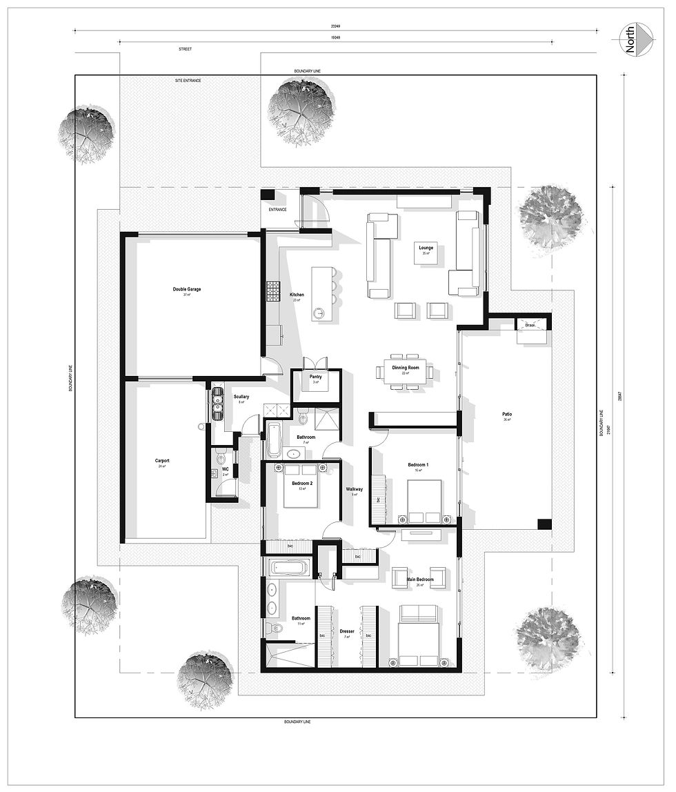 Modern single-story home with tiled roof, wooden garages, and landscaped yard – sleek residential design
