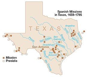 Mapa de las misiones españolas en Texas.