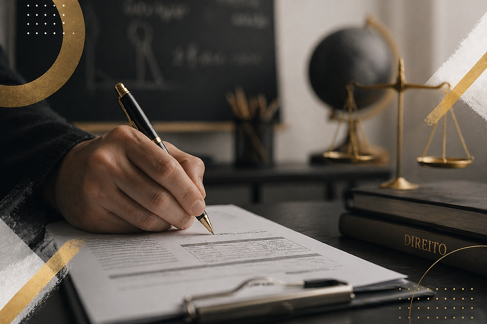 Mão assinando contrato sobre prancheta com balança da Justiça e livro de Direito ao fundo — contratação temporária de professor pelo Estado de São Paulo